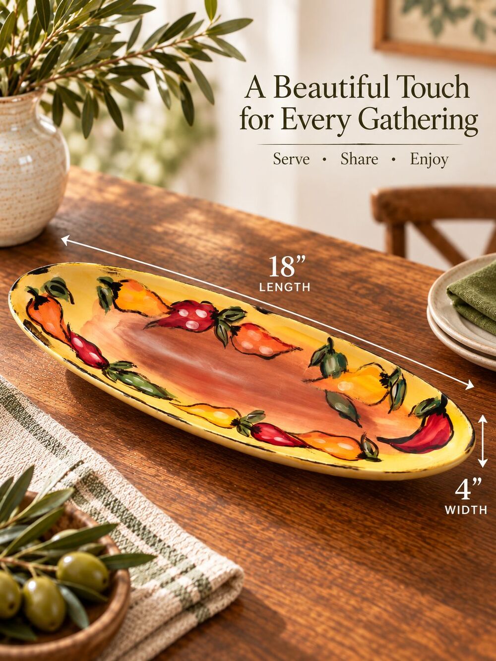 Tabletops Gallery Boulevard 18” Hand Painted Ceramic Serving Platter Peppers